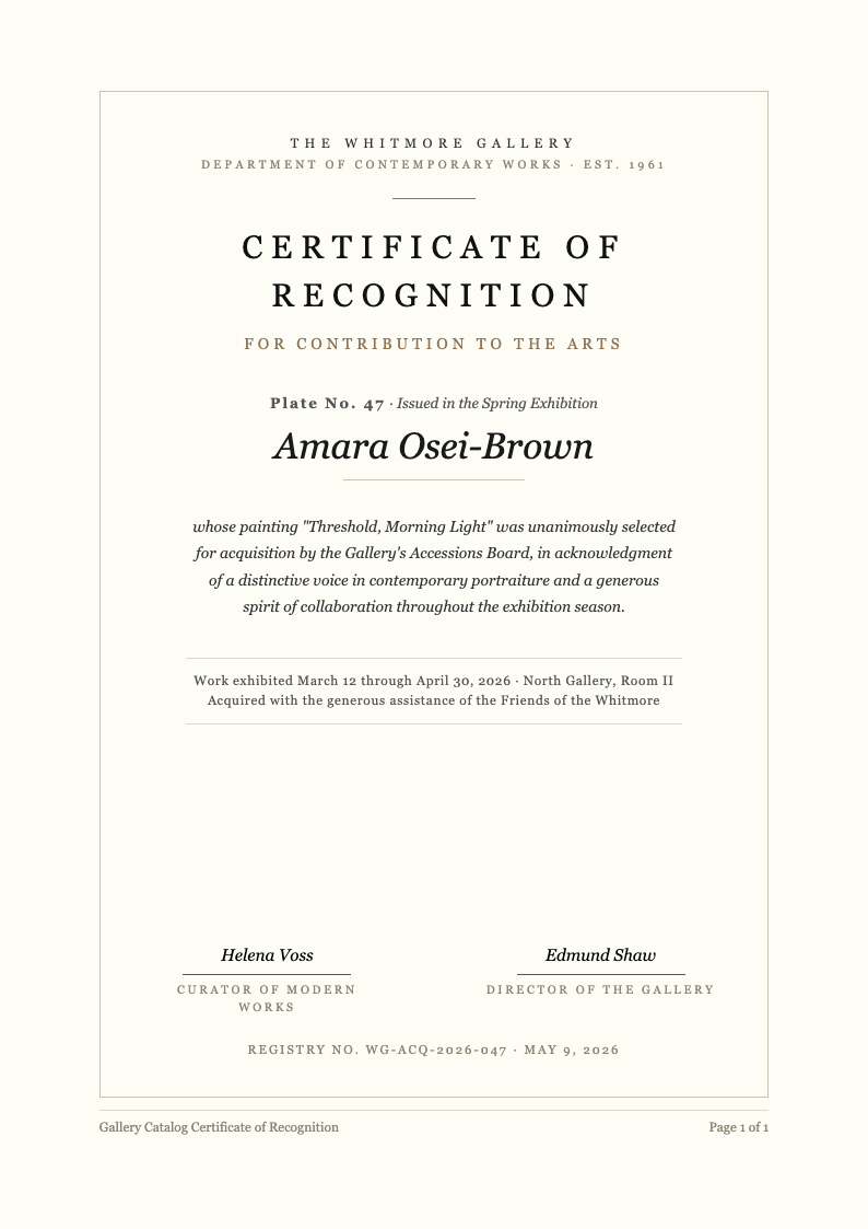 Gallery catalog certificate